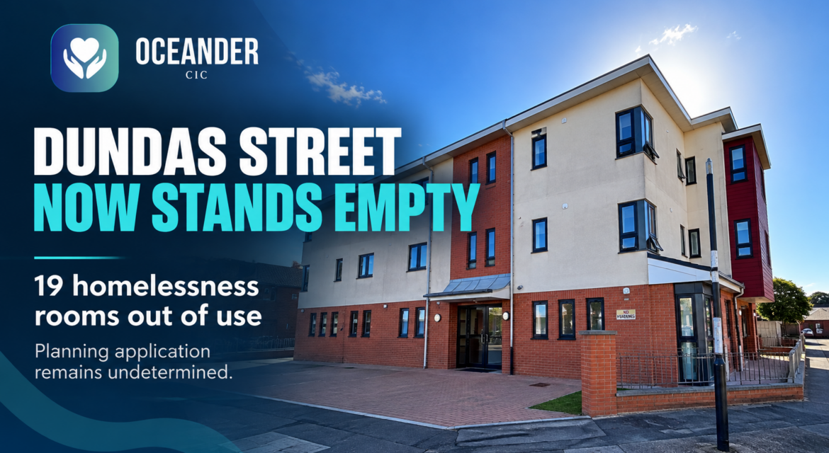 Oceander CIC Dundas Street homelessness service stands empty, with 19 rooms out of use while the planning application remains undetermined.
